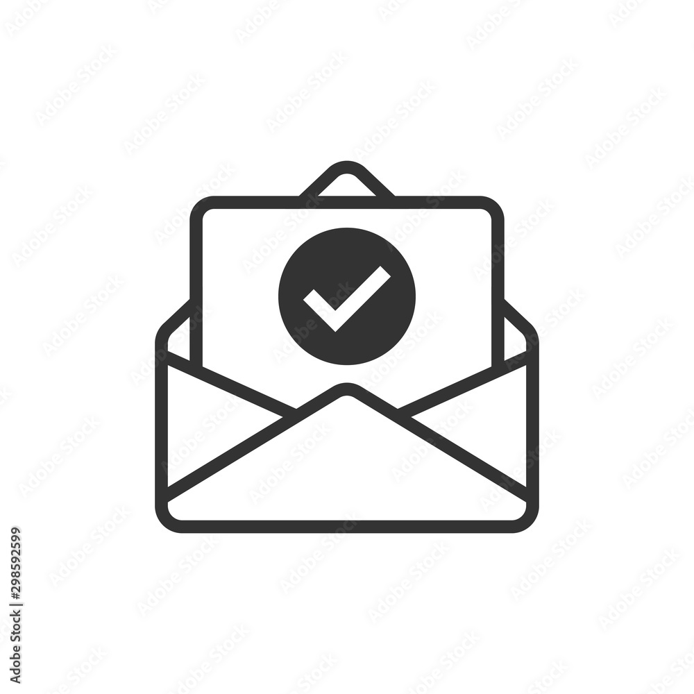 Envelope with confirmed document icon in flat style. Verify vector illustration on white isolated background. Receive business concept. Envelope with confirmed document icon in flat style. Verify vector illustration on white isolated background. Receive business concept.