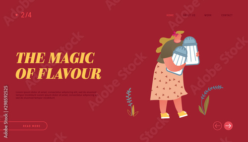 Cooking and Spice Website Landing Page. Cute Fatty Woman Holding Couple of Huge Salt Shakers. Female Character with Seasoning Ingredient for Food Dish Web Page Banner. Cartoon Flat Vector Illustration