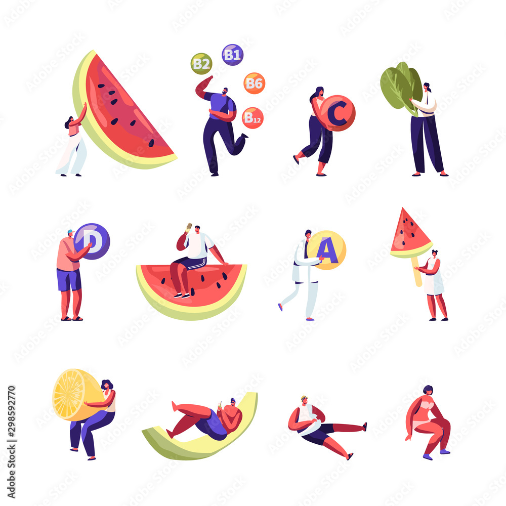 Healthy Lifestyle, Organic Food Choice Set Isolated on White Background. Vitamins in Products. Fruits and Vegetables Source of Health. Watermelon Lemon Cartoon Flat Vector Illustration, Clip Art