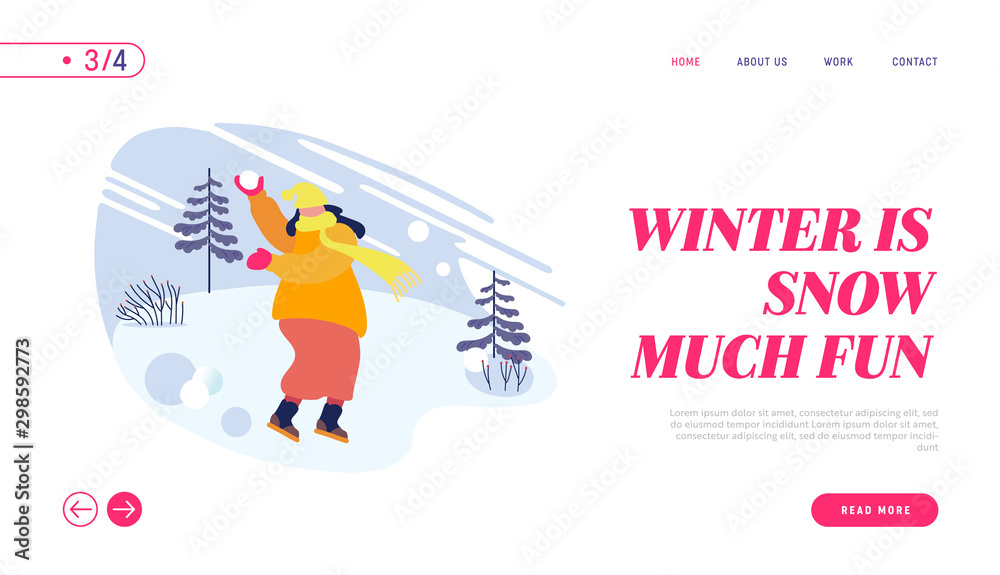 Winter Season Fun and Outdoor Leisure Website Landing Page. Happy Woman in Throwing Snowball Playing on Snowy Landscape Background. Active Games Web Page Banner. Cartoon Flat Vector Illustration