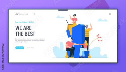 Business Team Project Success Website Landing Page. Group of People with Gadgets Stand at Huge Number One Celebrate Victory Winners Prize and Award Web Page Banner. Cartoon Flat Vector Illustration