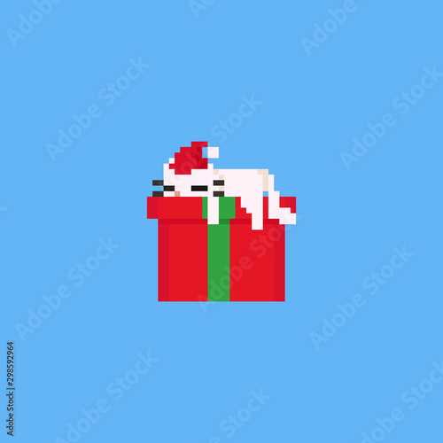 Pixel lazy cat sleeping on the gift box.Christmas.8bit.