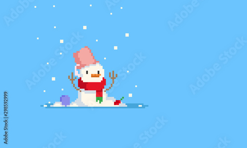Pixel lonely snowman with snow drop.8bit. © Patinya_P_Ang