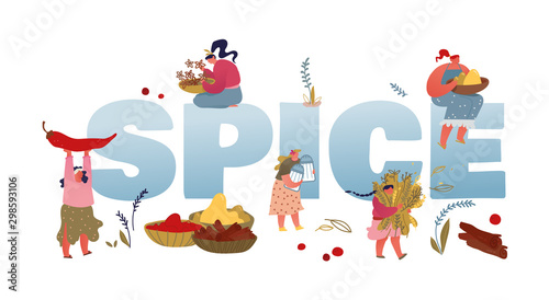 Spice and Seasoning Concept. Women with Ingredients Spices and Herbs for Cooking and Medicine Therapy. Organic Condiments  Health Care Poster Banner Flyer Brochure. Cartoon Flat Vector Illustration