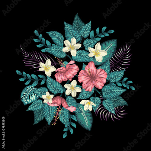 Vector tropical composition of pink hibiscus, white plumeria, monstera and palm leaves isolated on black background. Bright realistic watercolor style exotic design elements. .
