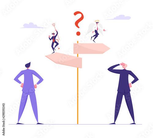 Doubts and Confusion Concept. Businesspeople Making Important Decision and Choice Standing at Crossroad with Devil and Angel Sitting on Road Pointer. People Choose Way Cartoon Flat Vector Illustration