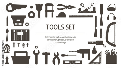 Vector tools silhouettes set. Flat black and white illustration with building, carpenter equipment for card, poster or flyer design. Woodwork, repair service or craft workshop concept. photo