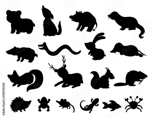 Set of vector hand drawn flat woodland animals silhouettes. Funny animalistic collection. Cute black and white forest illustration for children’s design, print, stationery.