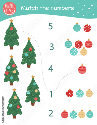 Matching game with Christmas trees and balls. Holiday math activity for preschool children. New Year counting worksheet. Educational riddle with cute funny elements..