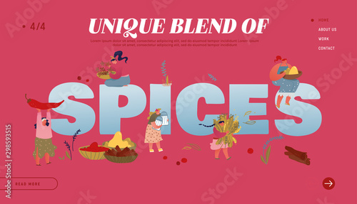 Spice and Seasoning Website Landing Page. Women with Ingredients Spices and Herbs for Cooking and Medicine Therapy. Organic Condiments, Health Care Web Page Banner. Cartoon Flat Vector Illustration