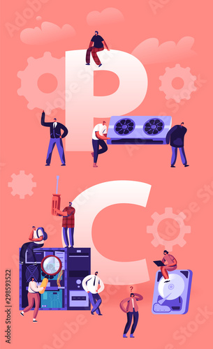 Pc Hardware Concept. Information Technology Engineers Repairing Personal Computer System Components. Recovery Warranty Fixing Service Poster Banner Flyer Brochure. Cartoon Flat Vector Illustration
