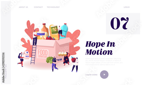Volunteering and Charity Website Landing Page. Tiny People Filling Cardboard Donation Box with Food and Products for Help to Poor People in Shelter Web Page Banner. Cartoon Flat Vector Illustration photo