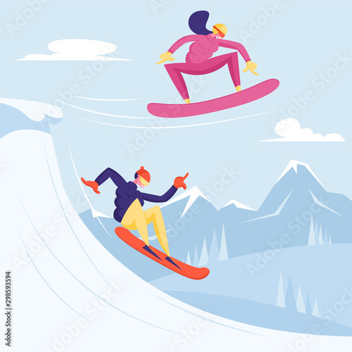 Resort Sport Spare Time. Young People Dressed in Winter Clothing Snowboarding. Male Female Snowboard Riders Characters Having Fun and Winter Mountain Sports Activity. Cartoon Flat Vector Illustration