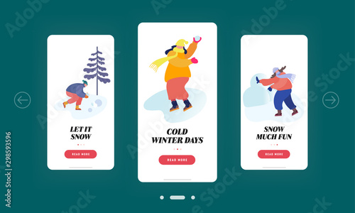 Snowballs Winter Time Outdoors Spare Time Mobile App Page Onboard Screen Set. People Snow Balls Fighting, Wintertime Season Vacation Concept for Website or Web Page, Cartoon Flat Vector Illustration