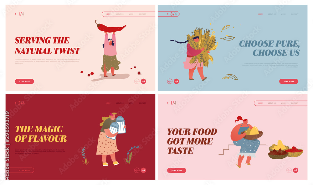 People Harvesting and Sell Spices and Herbs on Market Website Landing Page Set. Women Holding Huge Seasoning Spice and Ayurveda Food Ingredients Web Page Banner. Cartoon Flat Vector Illustration People Harvesting and Sell Spices and Herbs on Market Website Landing Page Set. Women Holding Huge Seasoning Spice and Ayurveda Food Ingredients Web Page Banner. Cartoon Flat Vector Illustration