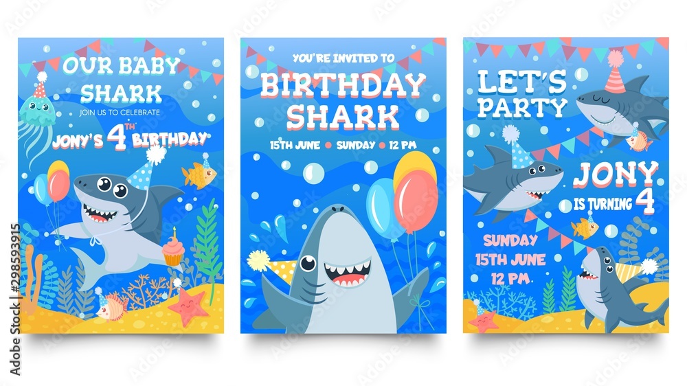 Invitation card with cute sharks. Baby shark birthday party, sharks family celebrate children birthday and invitations template. Sea party greeting card cartoon isolated vector illustration set
