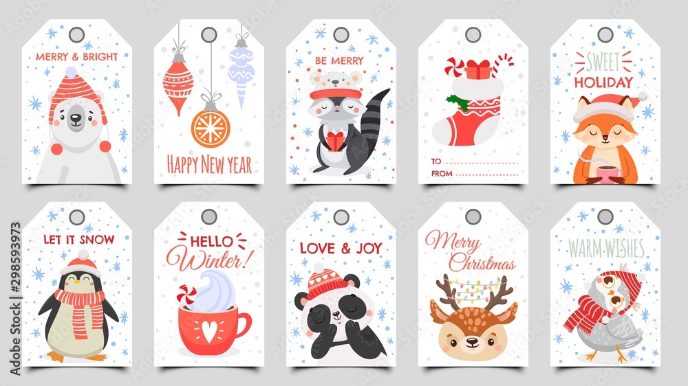 Cute animals christmas tags. Holiday gift tag with winter owl, deer and bears. Happy animal celebrate xmas label, 2020 new year greeting or invitation card. Isolated cartoon vector icons set - obrazy, fototapety, plakaty 
