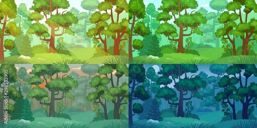 Daytimes forest landscape. Forest trees, sun shining woods and woodland nature day, night, morning and evening landscapes. Camp nature scene, wood ecosystem or green park cartoon vector set