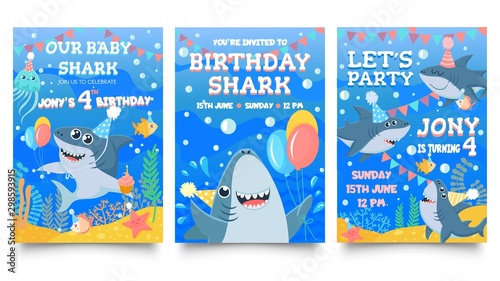 Obraz na plátně Invitation card with cute sharks