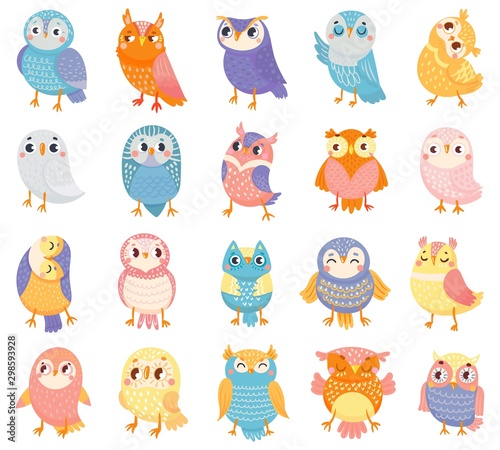 Cartoon owl. Cute color owls, forest birds and hand drawn baby owl. Owlet birdie characters, doodle baby owls expression. Isolated vector illustration icons set