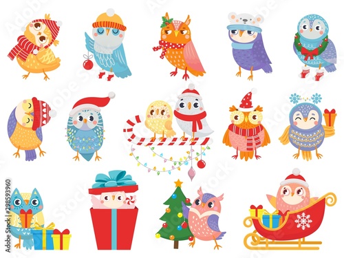 Winter owl. Cute christmas birds, owls in scarf and hat and bird mascot. 2020 Xmas owl birdie character in gift box, in sleigh or decorate tree. Isolated icons vector illustration set