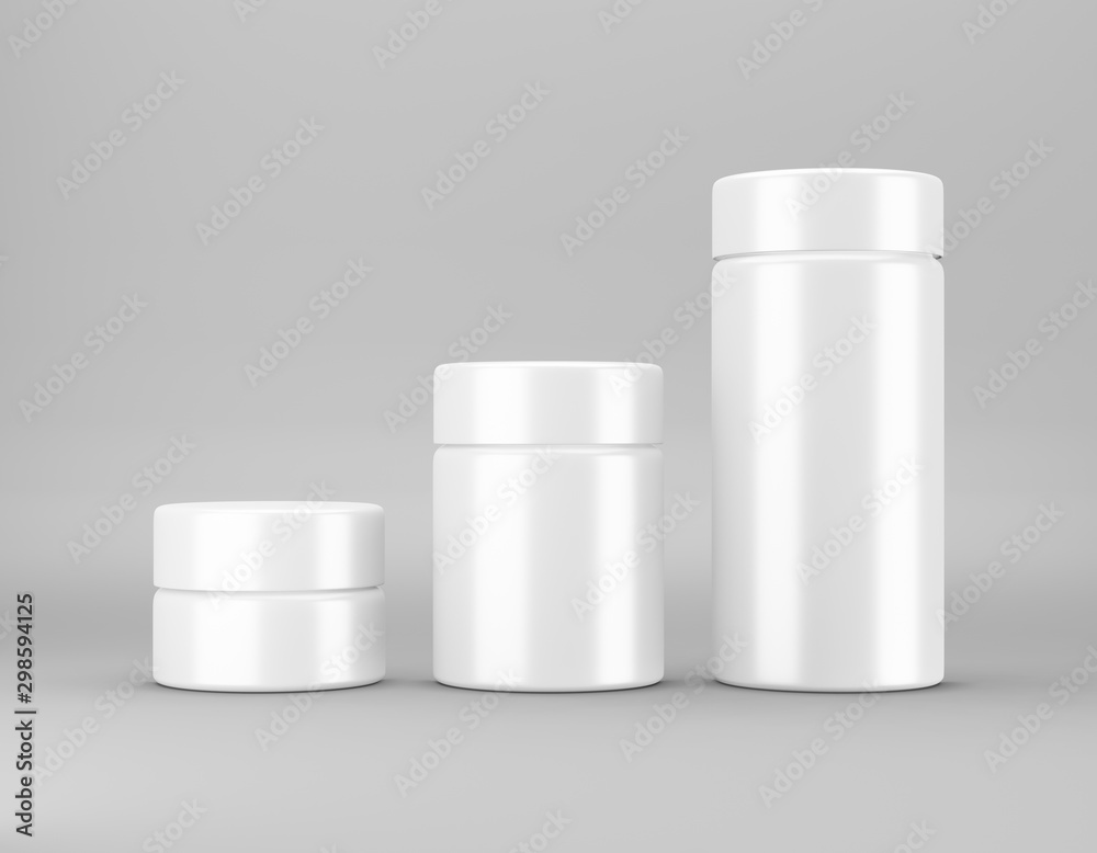 Set of white glossy jar mockup on gray background. Template packaging food, cosmetics, chemistry different size big, medium, small. 3D rendering Set of white glossy jar mockup on gray background. Template packaging food, cosmetics, chemistry different size big, medium, small. 3D rendering