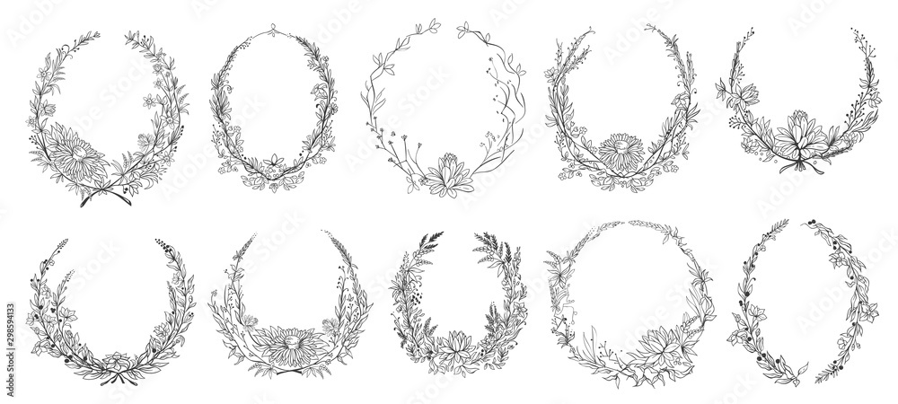 Obraz premium Hand drawn round floral frames. Sketch flower, leaves and branches decoration wreath. Circle flower frame, laurel wreath border or victorian branch vignette. Isolated vector symbols set