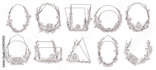 Hand drawn floral geometric frames. Flower, leaves and branches wreath frame to decorate wedding invitation. Flowers on borders, ink decor leaf doodle logotype. Isolated vector icons set