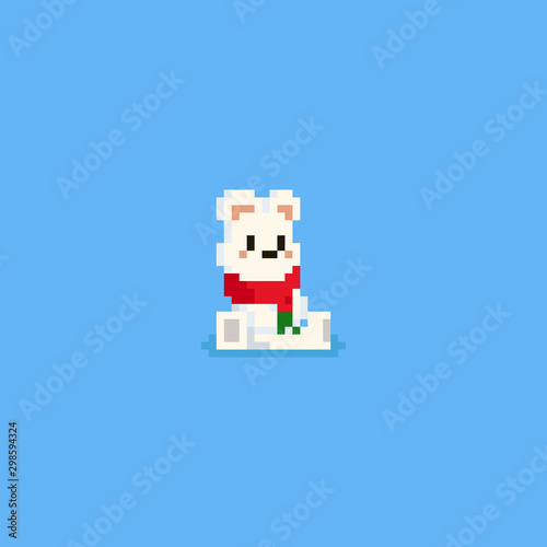 Pixel sitting polar bear with red scarf,Christmas.8bit. © Patinya_P_Ang