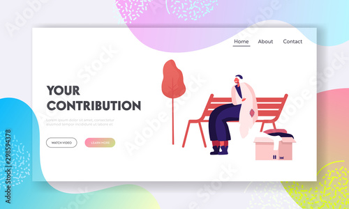 Homeless Woman Get Donation Website Landing Page. Unemployed Female Character Sitting on Bench in Park Wrapping to Old Plaid, Box with Clothes nearby Web Page Banner. Cartoon Flat Vector Illustration