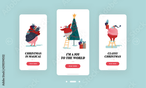 Christmas, New Year Season Mobile App Page Onboard Screen Set. Fat Santa Claus Decorating Christmas Tree. Sack with Gifts and Present Concept for Website or Web Page, Cartoon Flat Vector Illustration