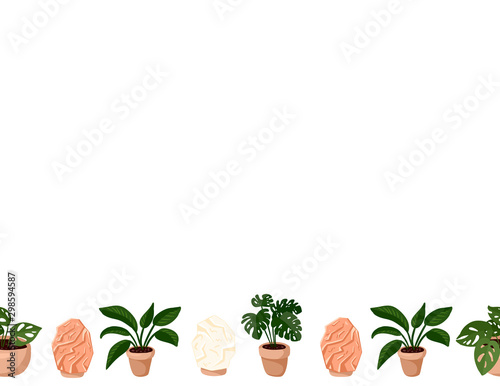 Cute set of hygge potted succulent plants and himalayan salt lamps on white background seamless pattern. Letter format lagom scandinavian style decoration background texture tile. Space for text photo