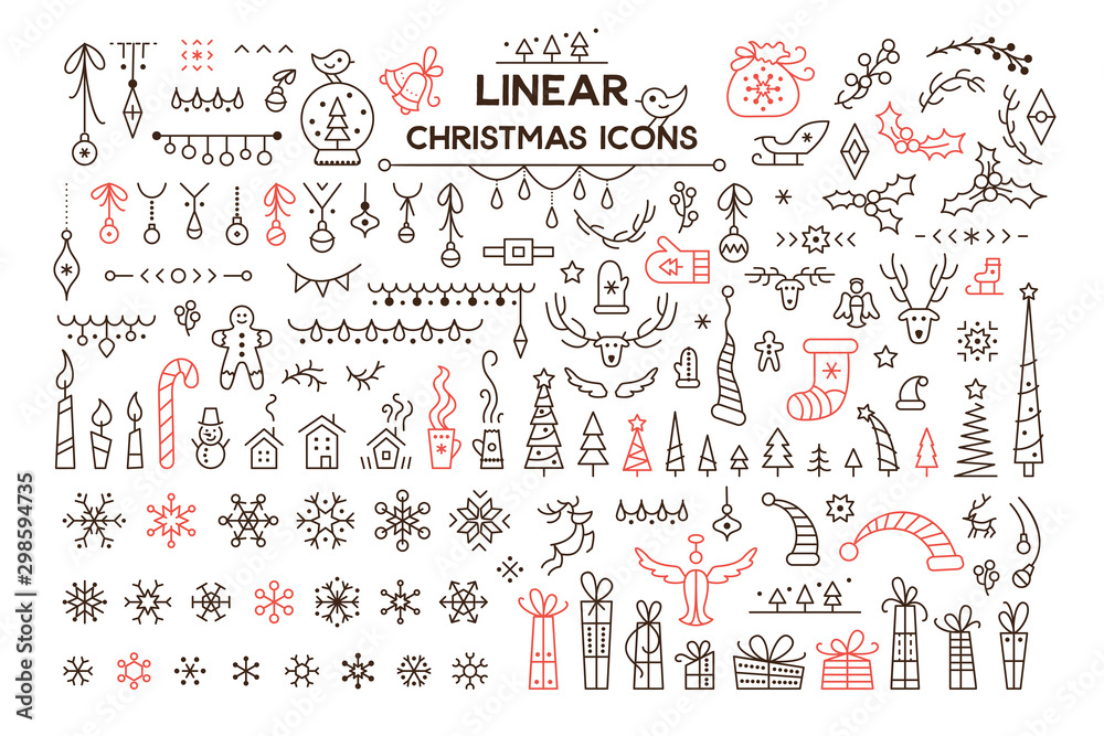 Winter holidays decoration vector linear illustrations set - obrazy, fototapety, plakaty 