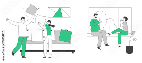 Loving Couple Spare Time Set. Happy Man and Woman Spending Weekend Together Fighting on Pillows, Sitting on Windowsill Drinking Tea or Coffee at Home. Cartoon Flat Vector Illustration, Line Art