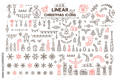 Winter holidays decoration vector linear illustrations set
