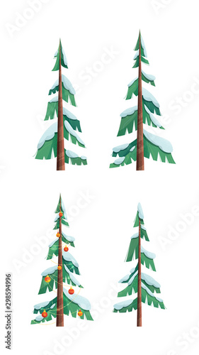 Snow covered trees flat vector illustrations set