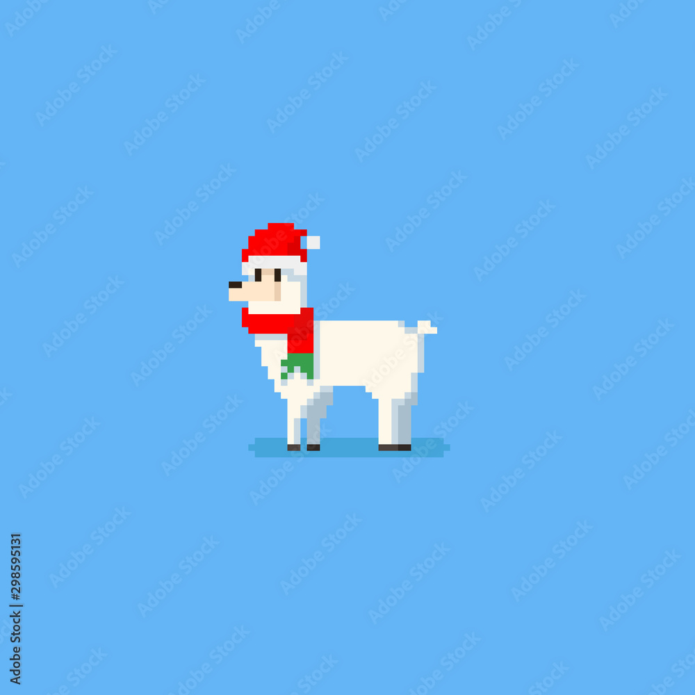Pixel white alpaca with santa hat and scarf.Christmas.8bit.