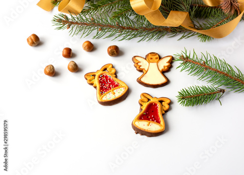 Gingerbreads with Christmas decoration on white background 