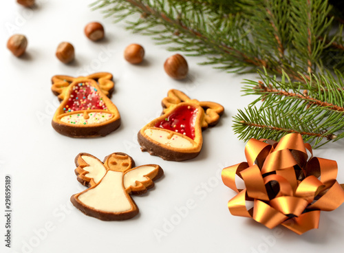 Gingerbreads with Christmas decoration on white background 