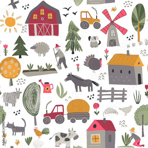 Vector seamless pattern with cute hand drawn farm animals, trees, houses, tractor, mill.