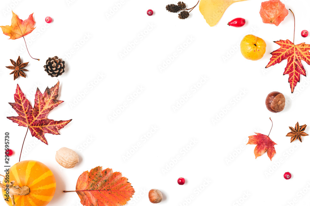 Fototapeta Autumn composition. fall leaves, pumpkins, flowers, berries, quince, nuts isolated on white background