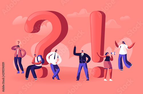 People Searching and Giving Information, Tiny Male and Female Characters around Huge Exclamation and Question Marks. Students Promoters and Businesspeople Communicate. Cartoon Flat Vector Illustration