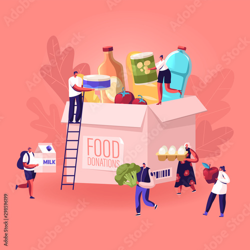 Tiny People Filling Cardboard Donation Box with Different Food and Products for Help to Poor People in Shelter, Support Social Care, Volunteering and Charity Concept. Cartoon Flat Vector Illustration