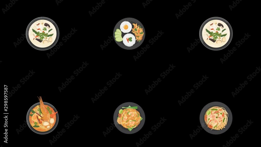Various Thai dishes top view animation, Asian foods,Pad thai, Tom Kha