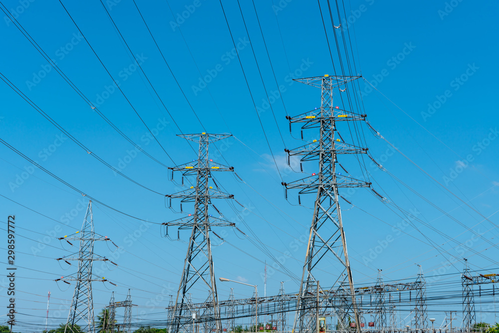 High voltage electric pole with blue sky