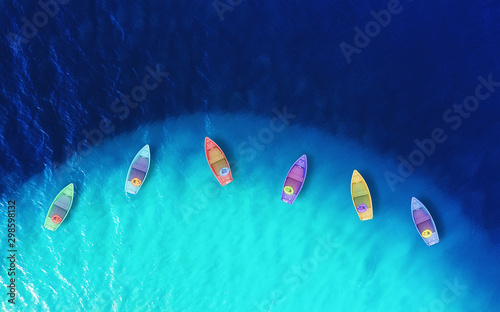 Boats from air. Aerial view on sea. Summer seascape with clear water in sunny day. Top view of boats from drone. Summer seascape from air. Travel - image © biletskiyevgeniy.com