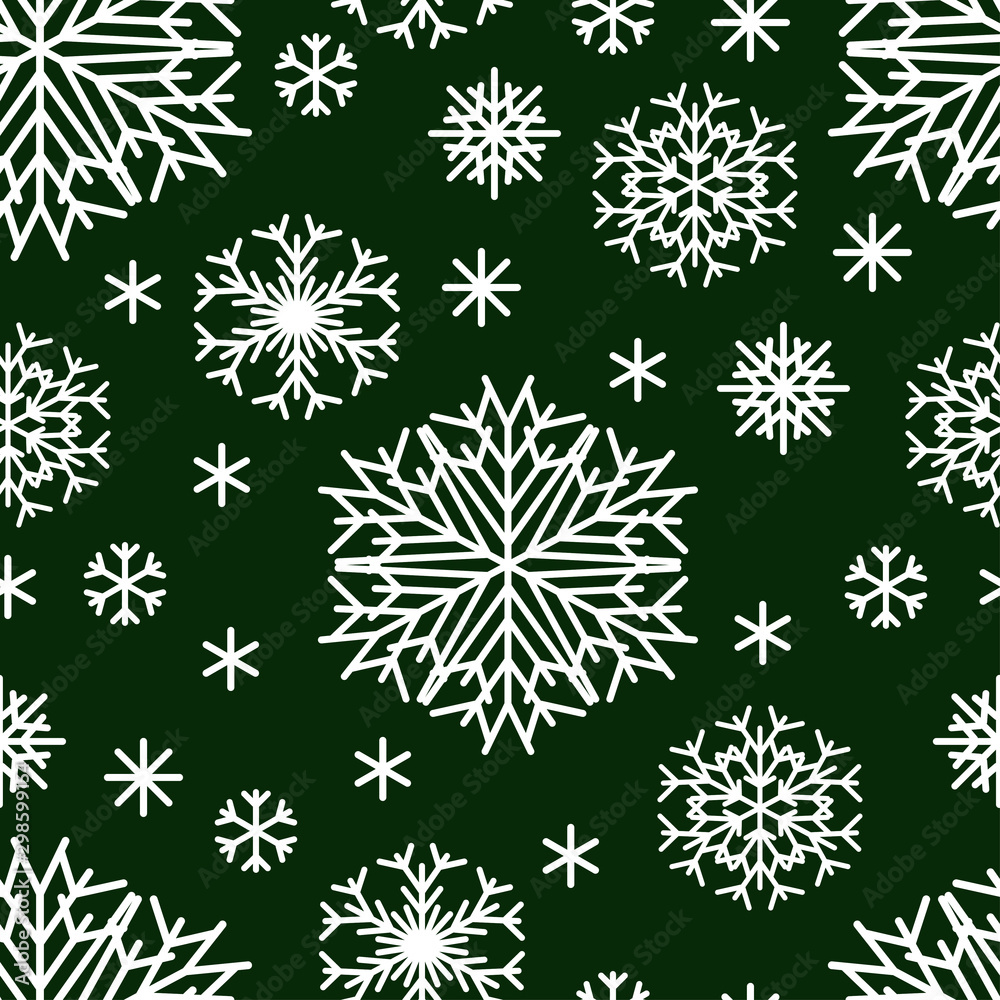 New Year's snowflakes. Seamless pattern. New Year and Christmas. White snowflakes on a dark green background. Vector illustration. New Year's snowflakes. Seamless pattern. New Year and Christmas. White snowflakes on a dark green background. Vector illustration.
