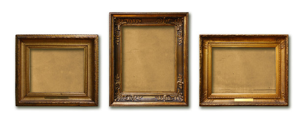 Set of three vintage golden baroque wooden frames on  isolated background