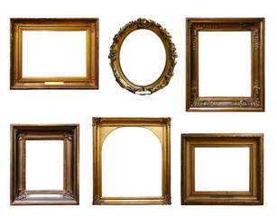 Set vintage golden baroque wooden frames on  isolated background