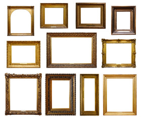 Set of three vintage golden baroque wooden frames on isolated background